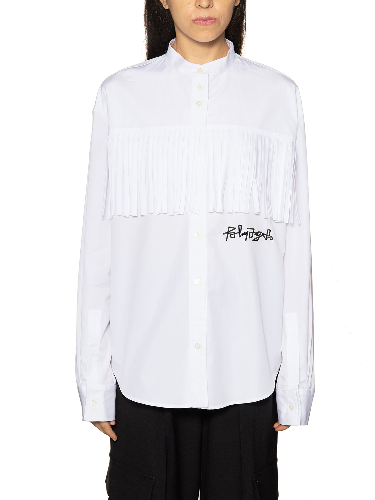 PALM ANGELS Fringe Detail Cotton Shirt with Embroidered Logo - Size 40