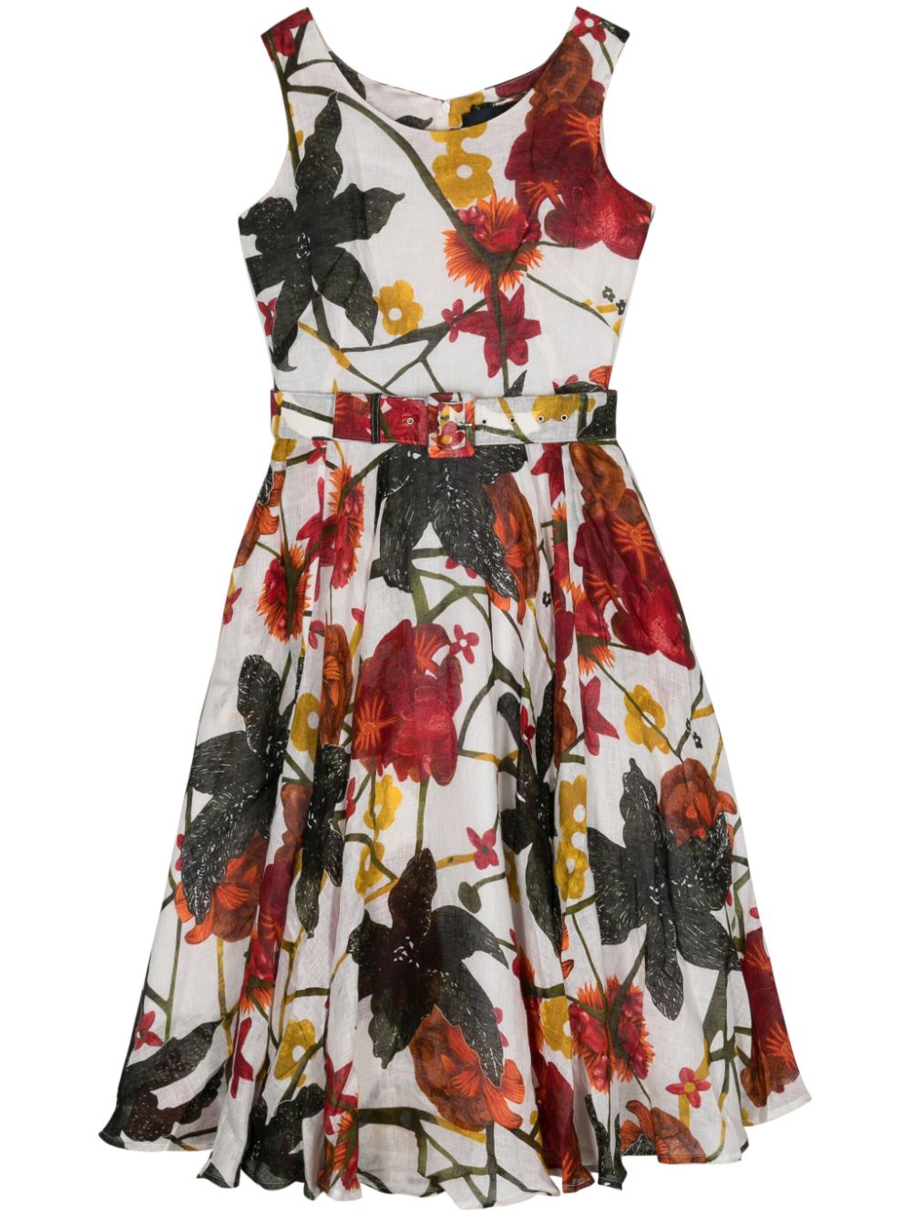 SAMANTHA SUNG Floral Print Midi Dress with Peplum Hem and Pockets