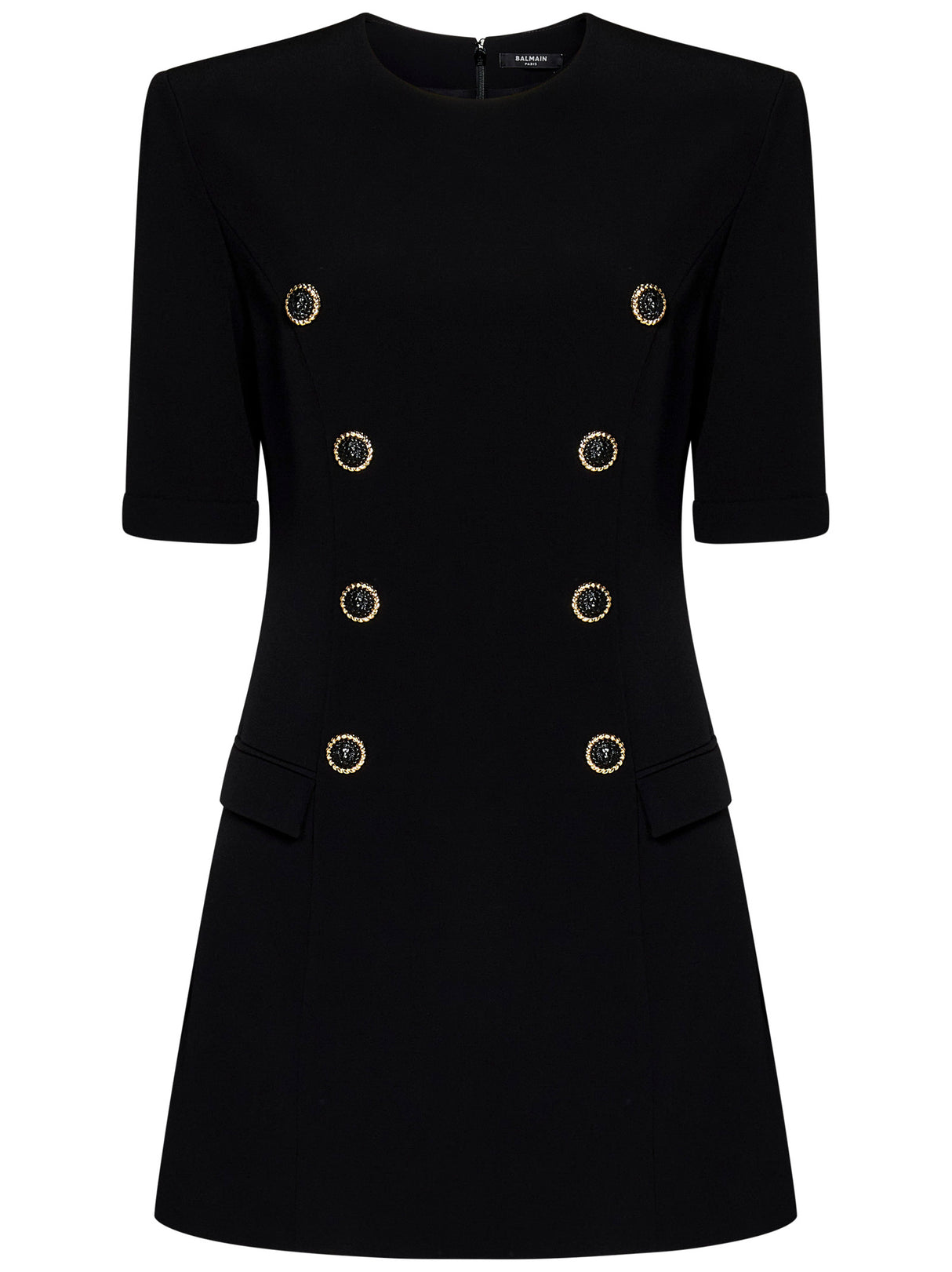 BALMAIN Elegant Mini Dress with Gold Buttons and Padded Shoulders