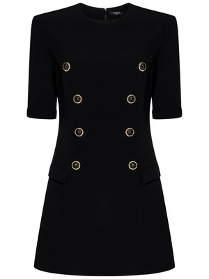 BALMAIN Elegant Mini Dress with Gold Buttons and Padded Shoulders