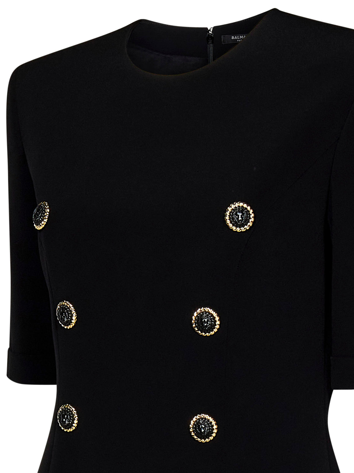 BALMAIN Elegant Mini Dress with Gold Buttons and Padded Shoulders