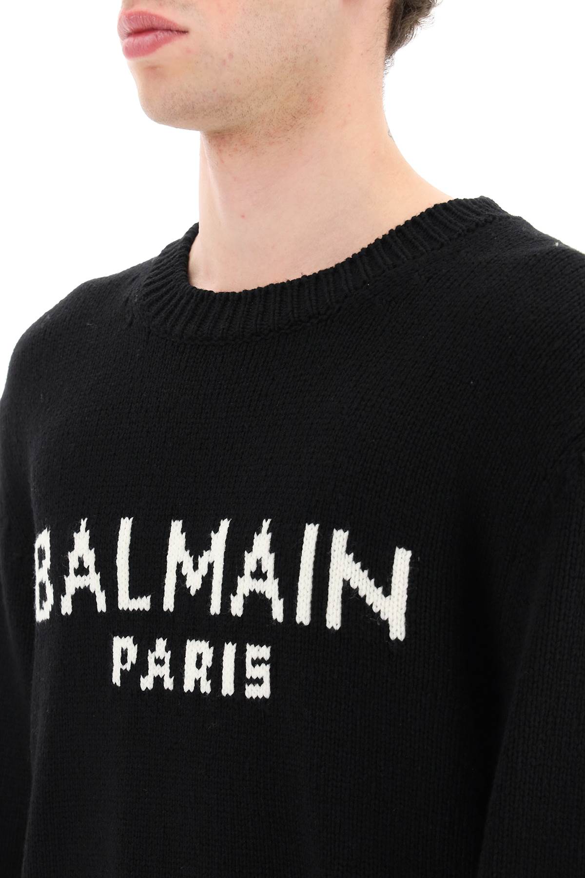 BALMAIN Crew-Neck Wool Sweater with Ribbed Knit Cuffs, Collar and Hem