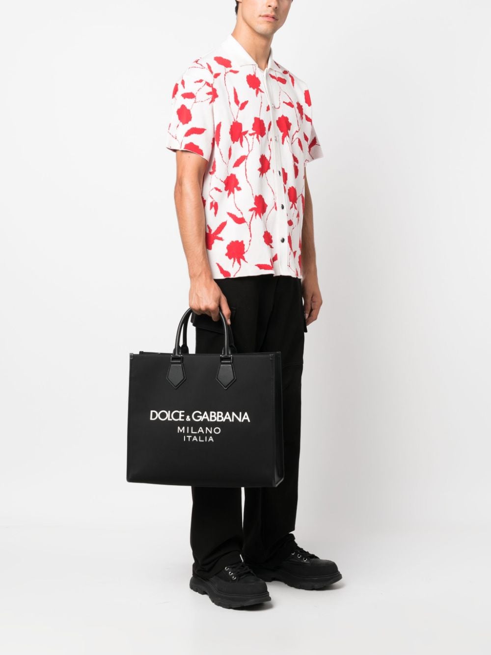 DOLCE & GABBANA メンズ ブラック ロゴ型押しナイロントートバッグ SS24