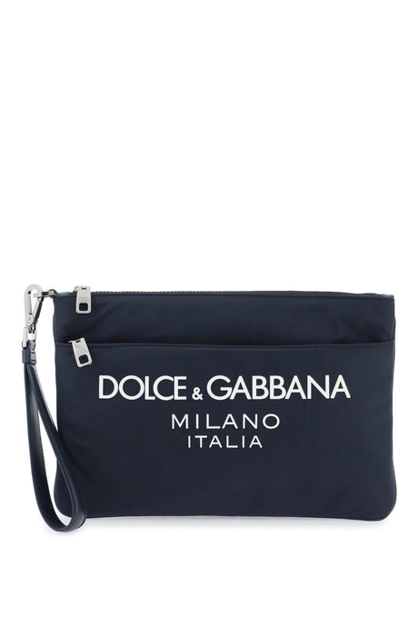 DOLCE & GABBANA メンズナイロンポーチハンドバッグ ブルー レザー詳細と取り外し式リストストラップ付き