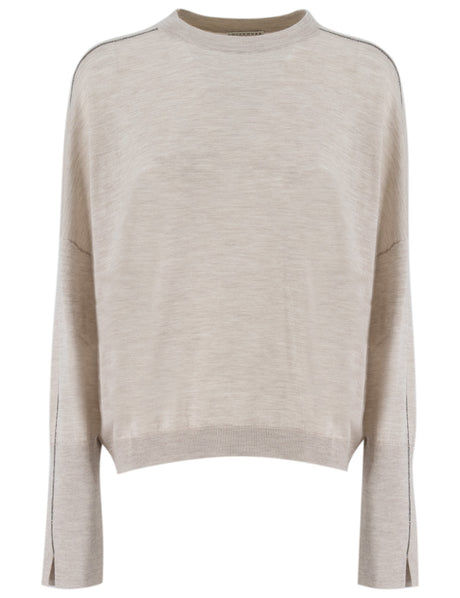 BRUNELLO CUCINELLI Cashmere and Silk Knit Sweater with Embroidered Sleeve