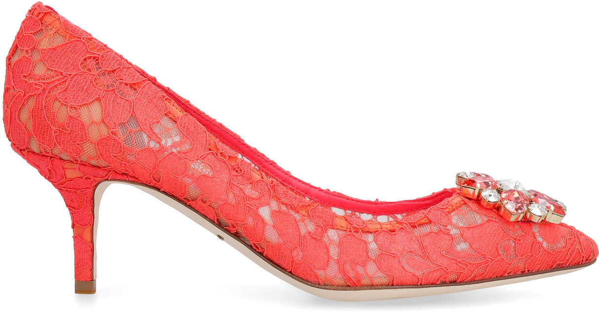 DOLCE & GABBANA Stunning Red Lace Pumps with Rhinestone Appliqué for Women