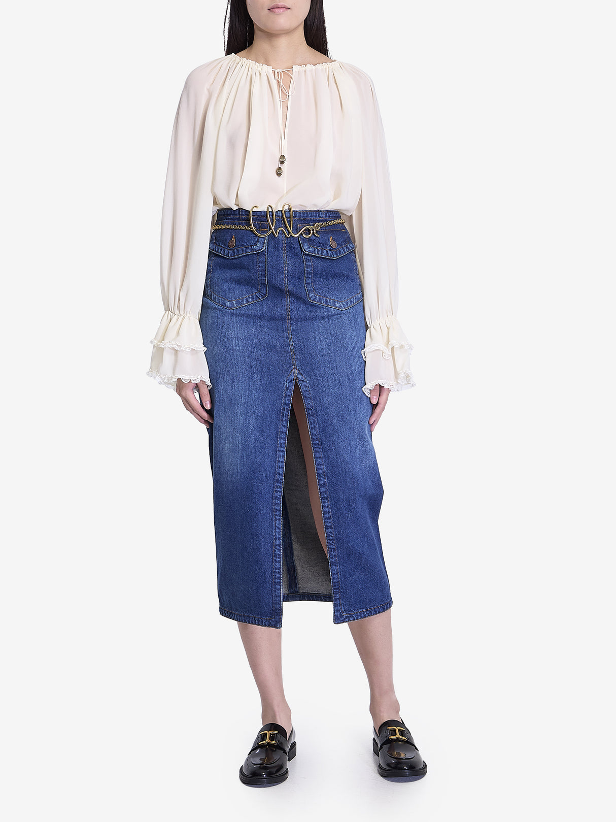 CHLOÉ Chic Denim Midi Skirt with Front Slit