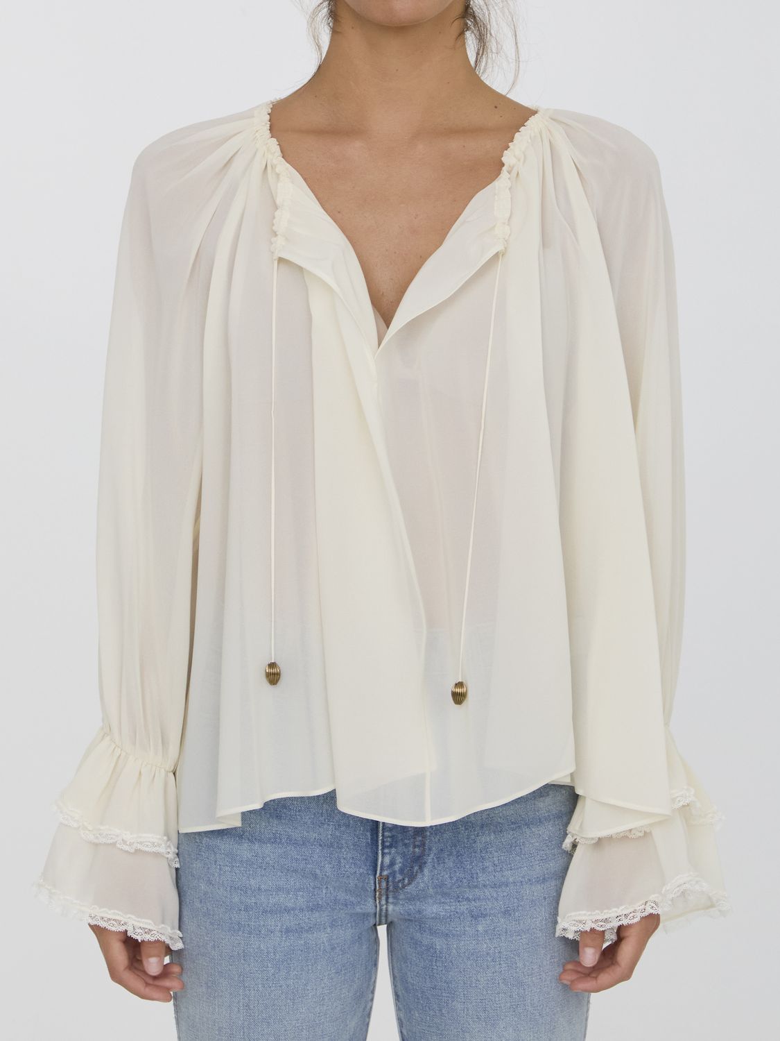 CHLOÉ Gathered Silk Top with V-Neckline for Women