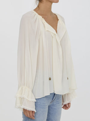 CHLOÉ Gathered Silk Top with V-Neckline for Women