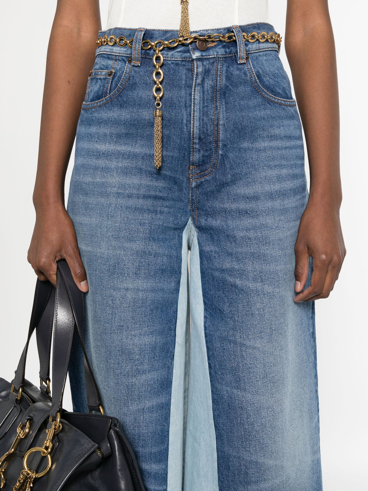 CHLOÉ High-Waisted Denim Patchwork Bermuda Shorts