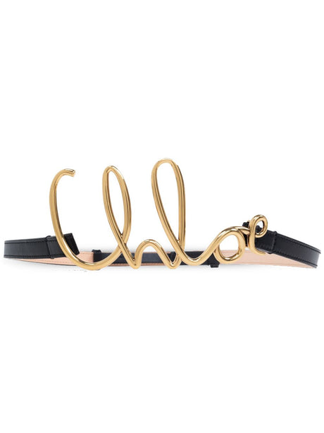 CHLOÉ Iconic Leather Belt with Brass Logo Buckle