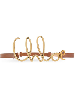 CHLOÉ Iconic Leather Belt with Brass Logo Buckle