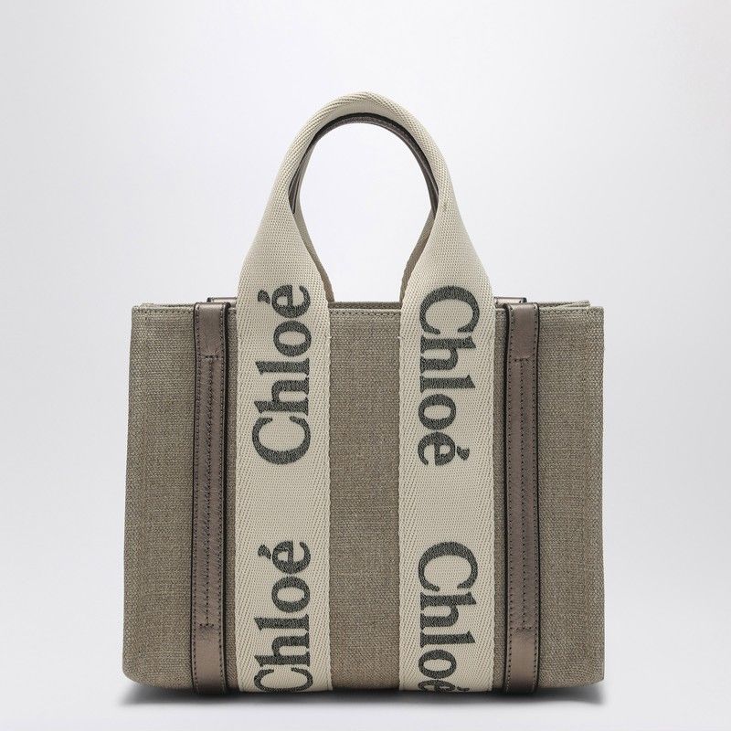 CHLOÉ Woody Linen and Leather Mini Tote Handbag