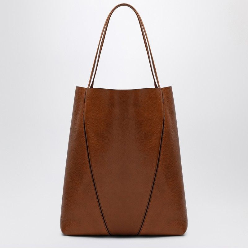 CHLOÉ Large Glossy Brown Grained Leather Tote Handbag