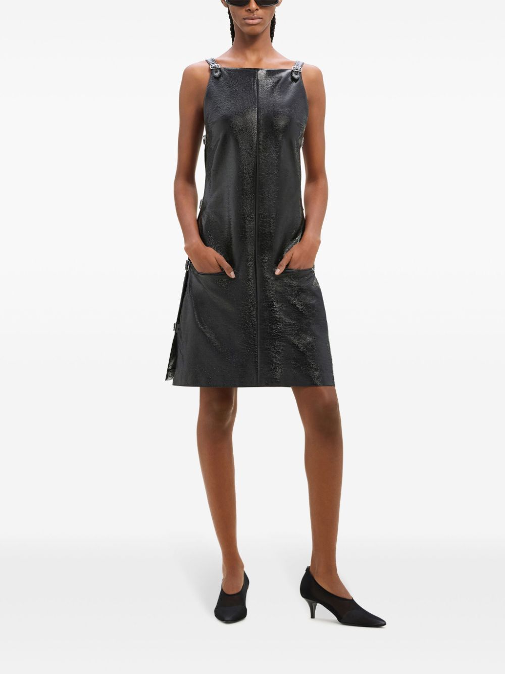 COURREGES Glossy Black Flared Mini Dress