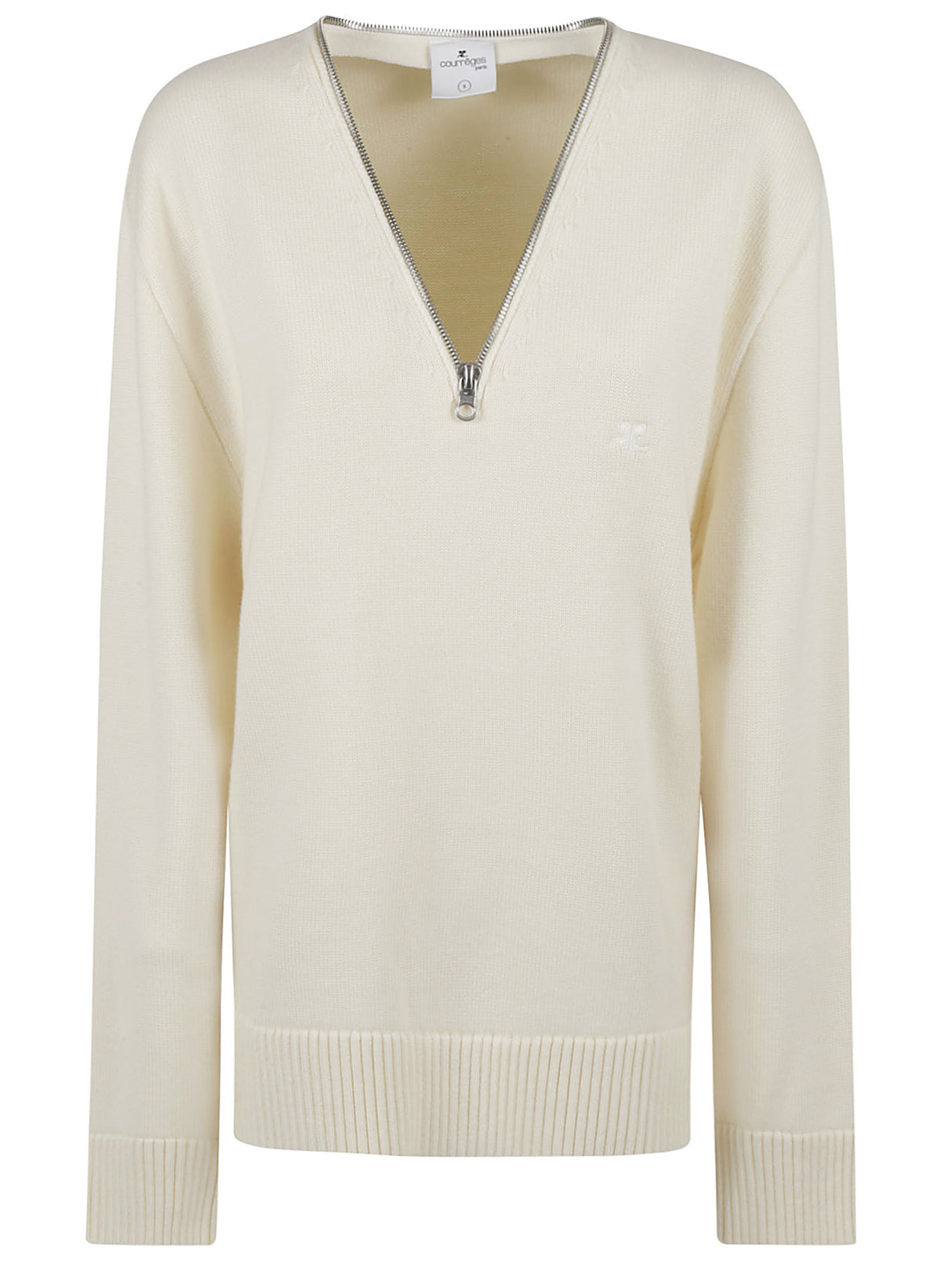 COURREGES Chic V-Neck Sweater with Decorative Zip - Women’s Fashion