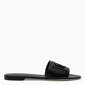 DOLCE & GABBANA Women's Black Leather Slide Sandals with Round Toe and Cut-Out Details