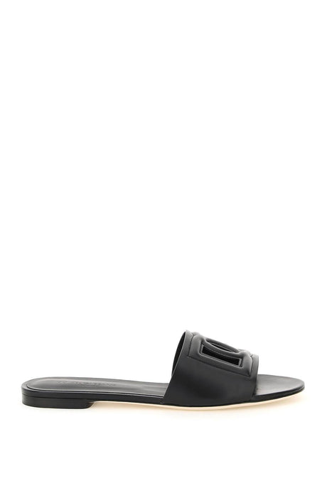 DOLCE & GABBANA Women's Black Leather Slide Sandals with Round Toe and Cut-Out Details