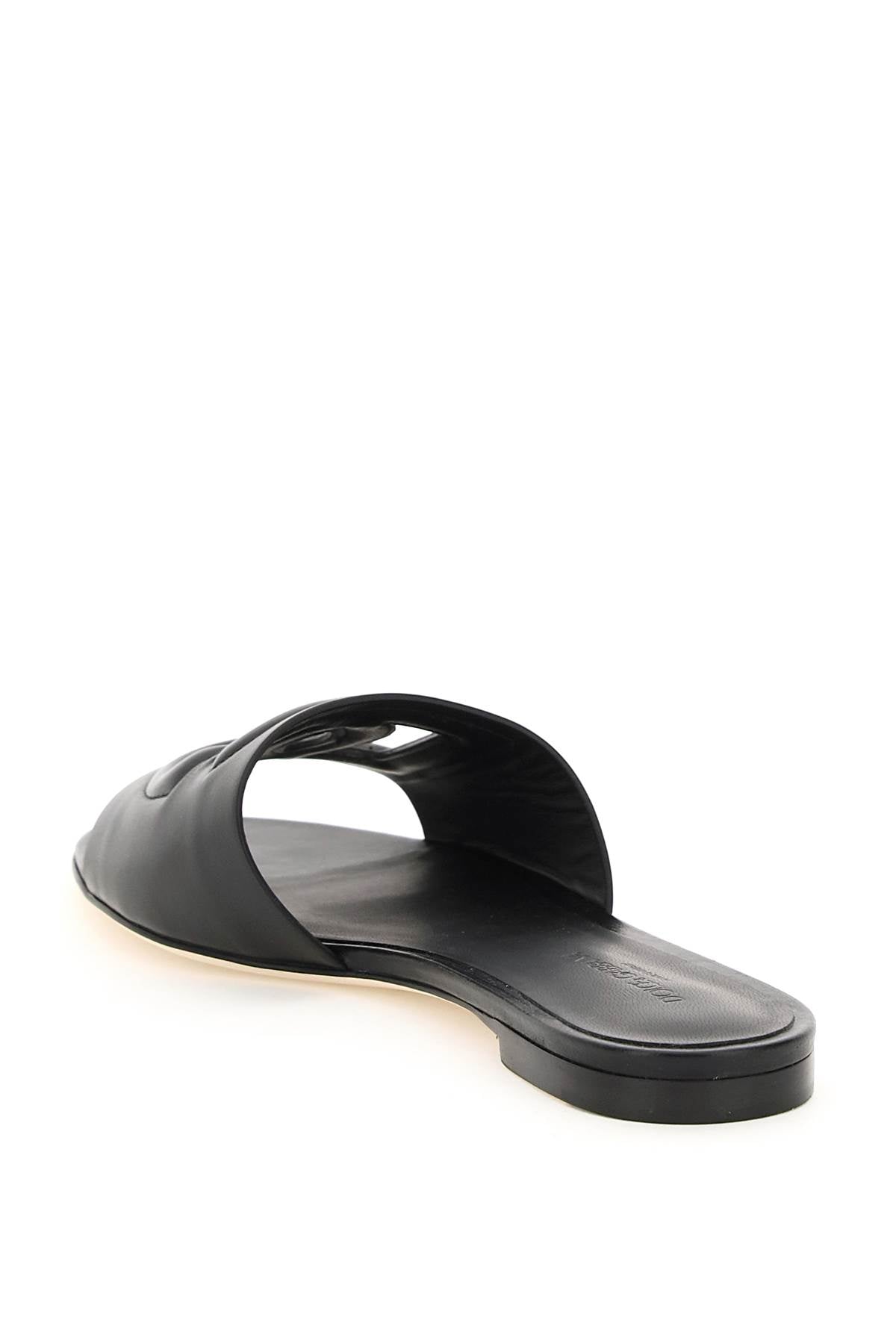 DOLCE & GABBANA Women's Black Leather Slide Sandals with Round Toe and Cut-Out Details