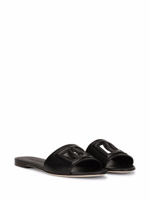 DOLCE & GABBANA Pleated Slide Sandals with Logo - 1 cm Heel