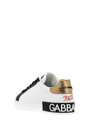 DOLCE & GABBANA Portofino Leather Sneaker with Embroidered Crown