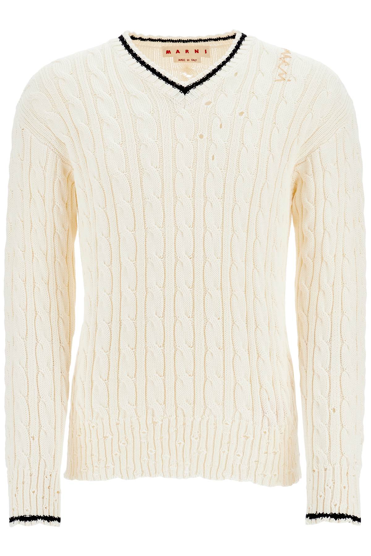 MARNI Cable Knit V-Neck Cotton Sweater