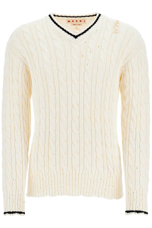 MARNI Cable Knit V-Neck Cotton Sweater