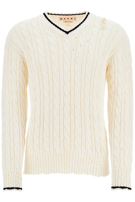 MARNI Cable Knit V-Neck Cotton Sweater