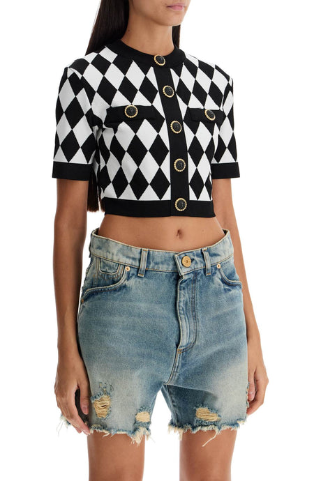 BALMAIN Jacquard Diamond Pattern Knit Crop Top