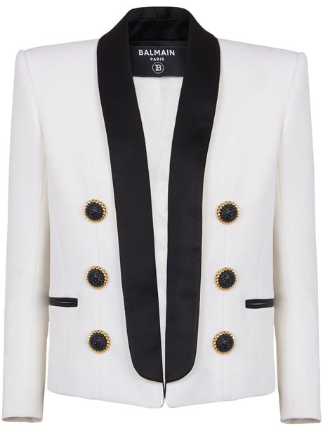 BALMAIN Elegant 6-Button Mini White Jacket with Black Lapel