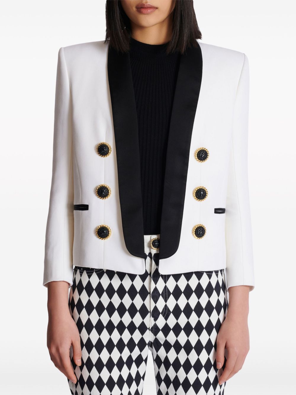 BALMAIN Elegant 6-Button Mini White Jacket with Black Lapel