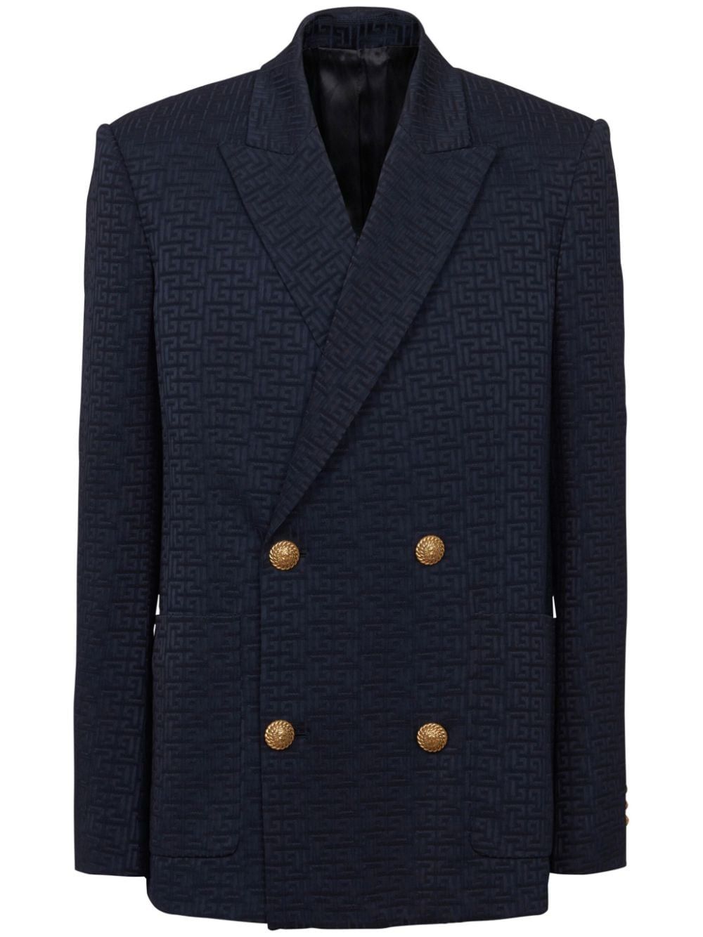 BALMAIN Elegant Navy Monogram Satin Blazer