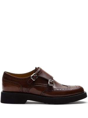 CHURCH'S Women's Smoked Polished Leather Full Brogue Loafers with Double Strap Closure