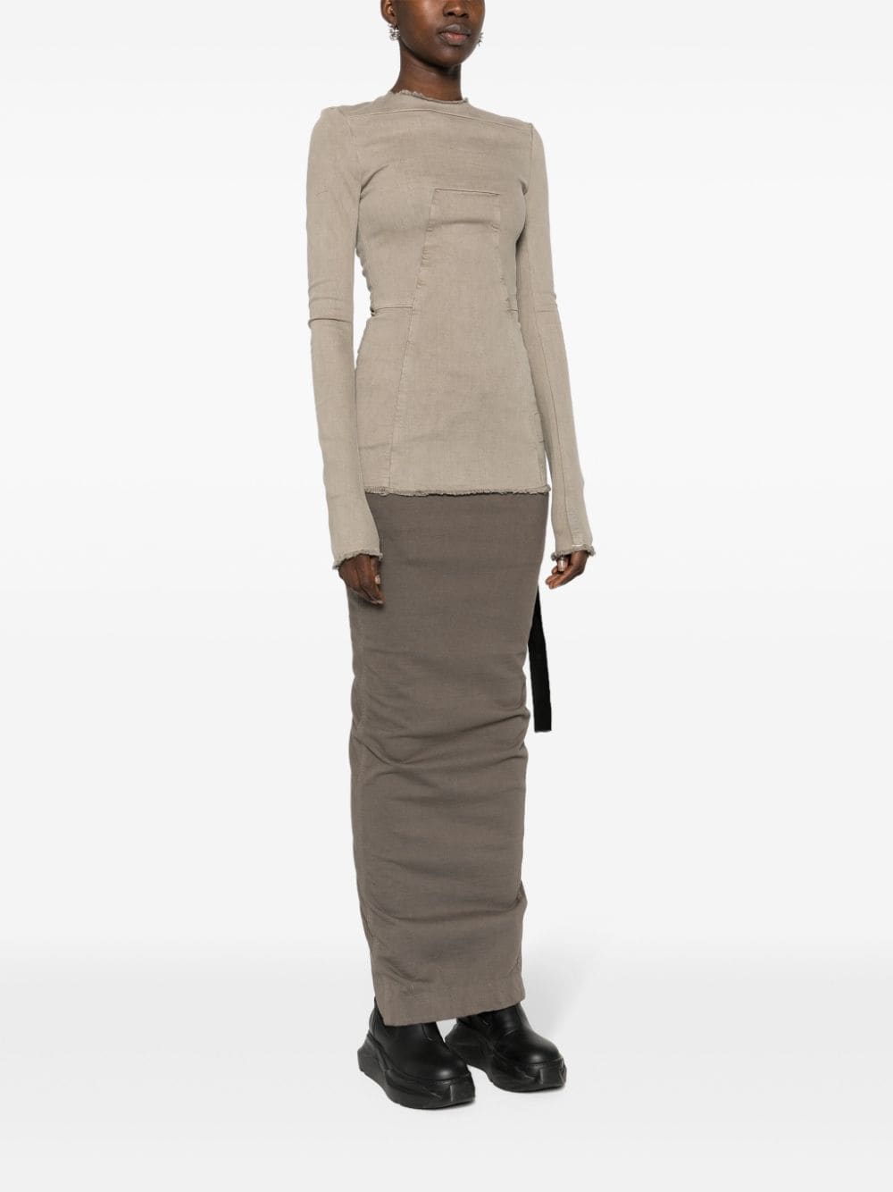 RICK OWENS Long Sleeve Denim T-Shirt with Raw-Cut Edges