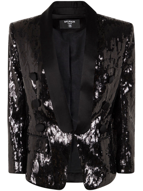 BALMAIN V-Neck Glitter Satin Tailored Jacket