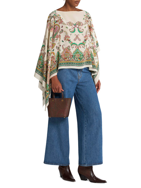 ETRO Asymmetric Silk Poncho with Floral Paisley Print