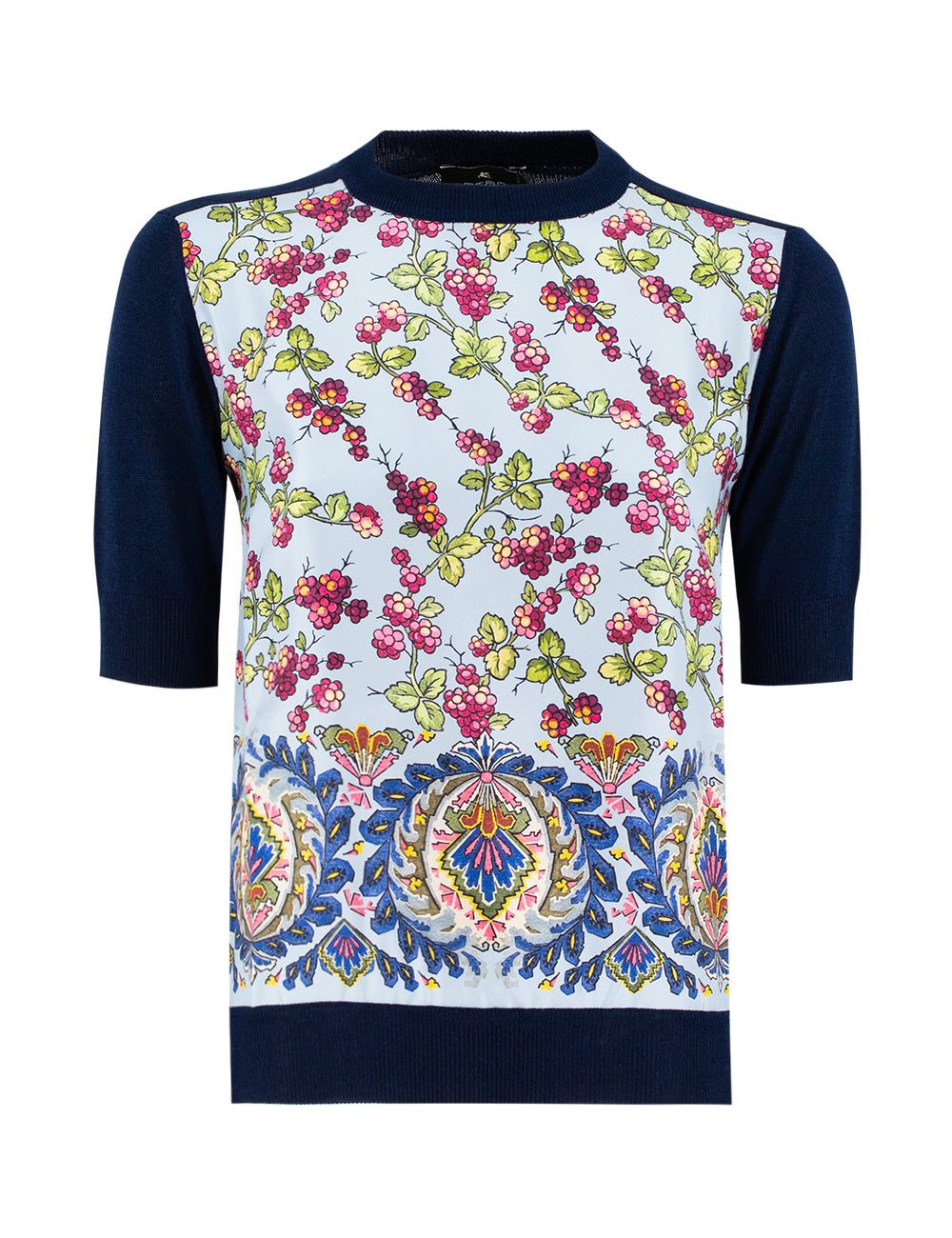 ETRO Slim Fit Sweater with Silk Panel and Ornamental Print