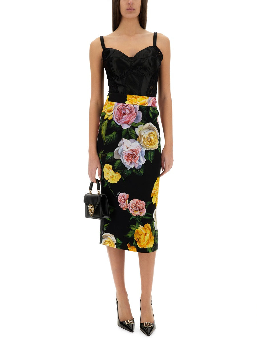 DOLCE & GABBANA Peony and Rose Print Charmeuse Long Skirt (Size 40)