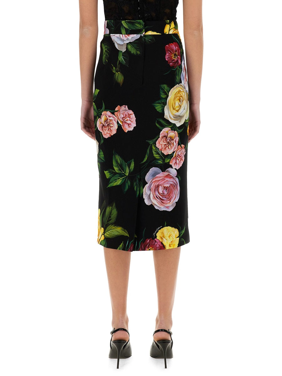 DOLCE & GABBANA Peony and Rose Print Charmeuse Long Skirt (Size 40)