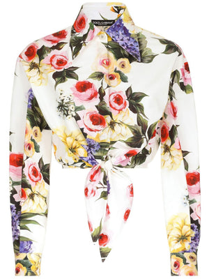 DOLCE & GABBANA Floral Print Cotton Blouse with Decorative Front Knot