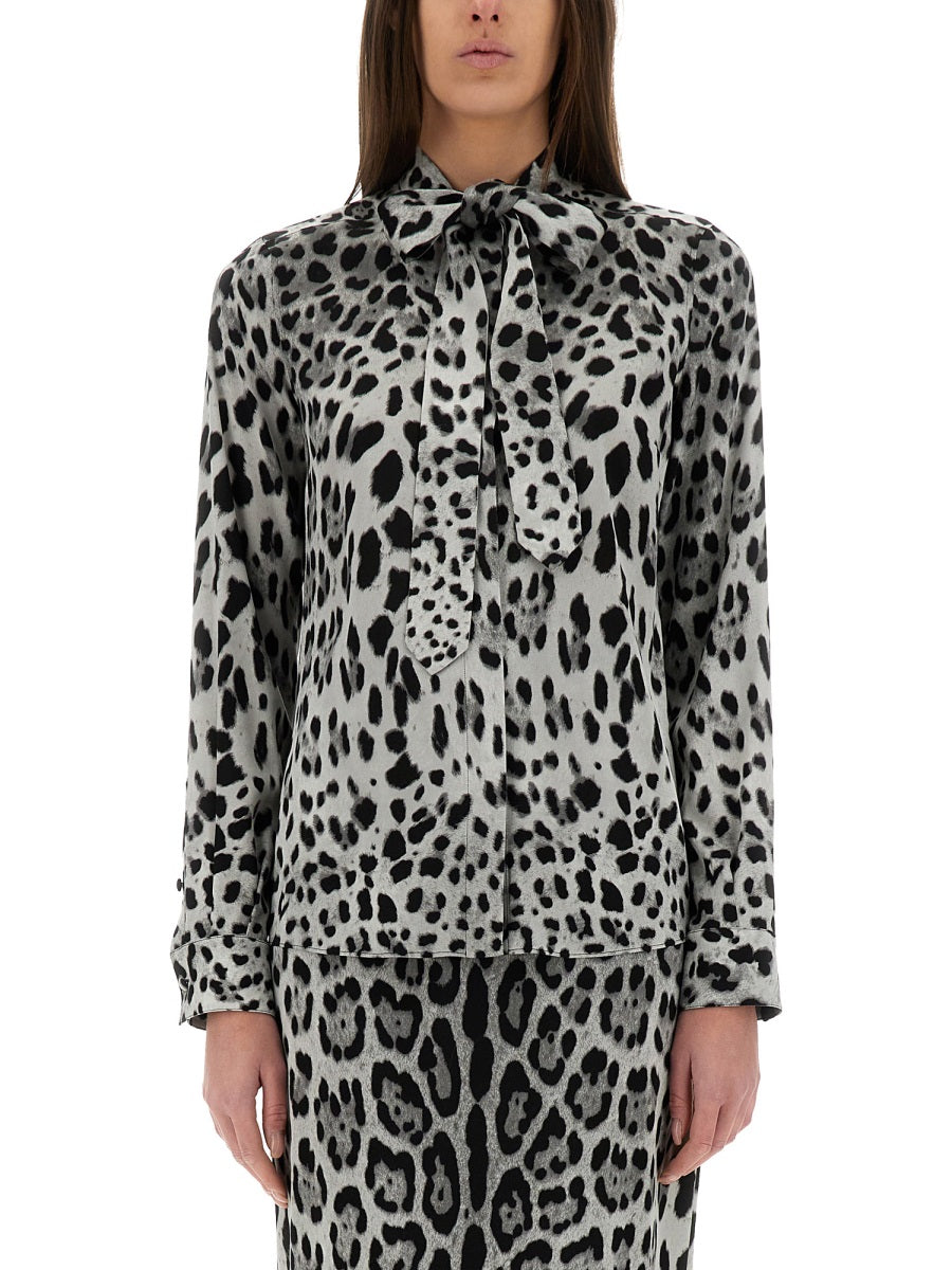 DOLCE & GABBANA Leopard Print Bow Charmeuse Shirt - Size 40