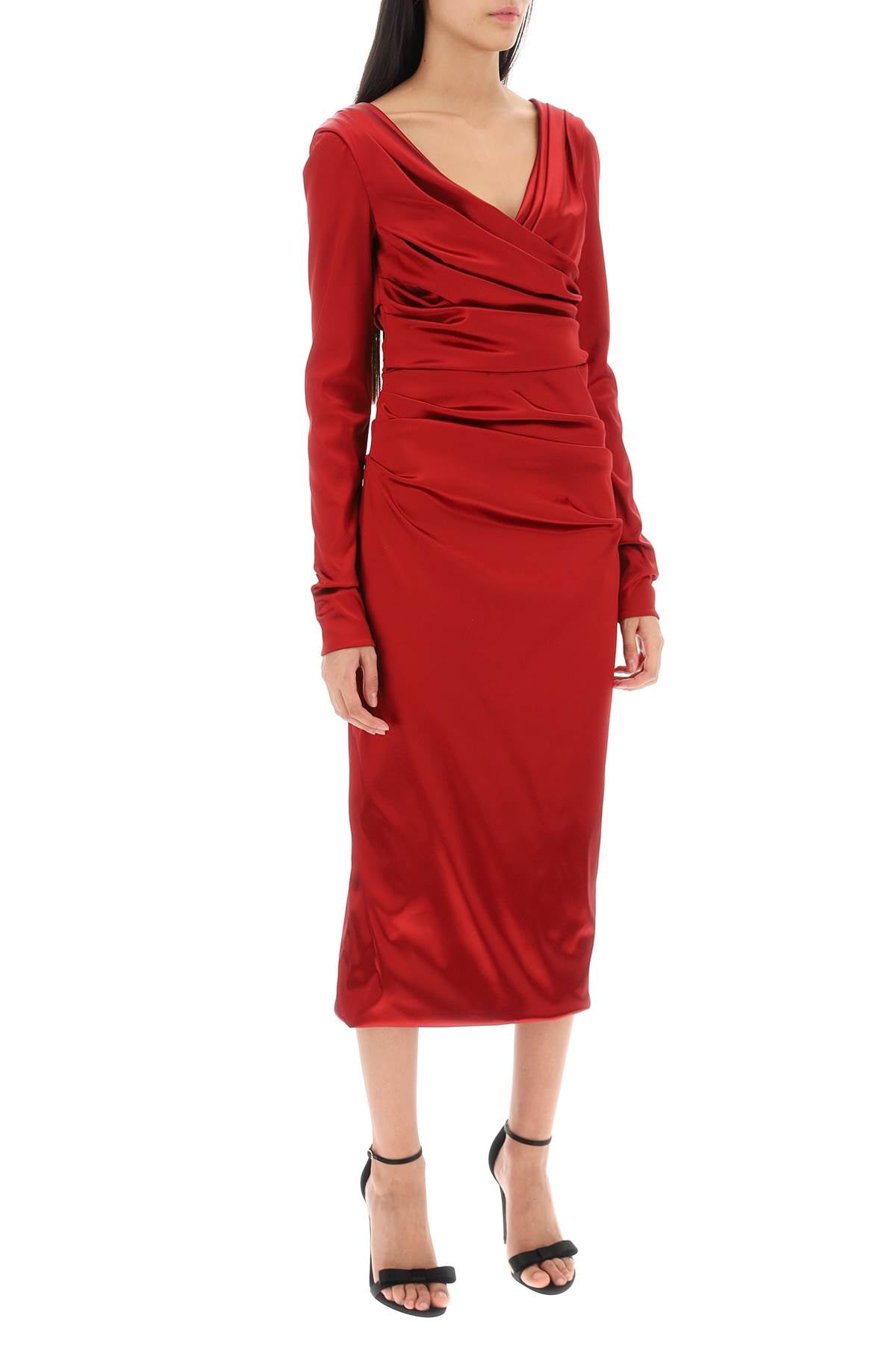 DOLCE & GABBANA Satin Midi Dress with Draped Front and Back V-Neck