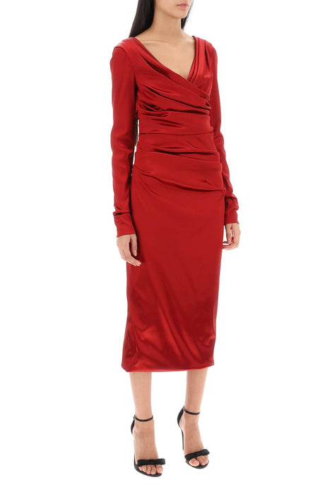 DOLCE & GABBANA Satin Midi Dress with Draped Front and Back V-Neck