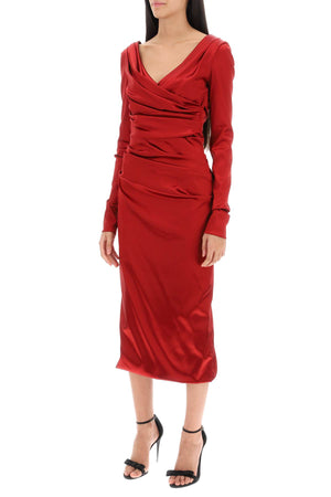 DOLCE & GABBANA Satin Midi Dress with Draped Front and Back V-Neck