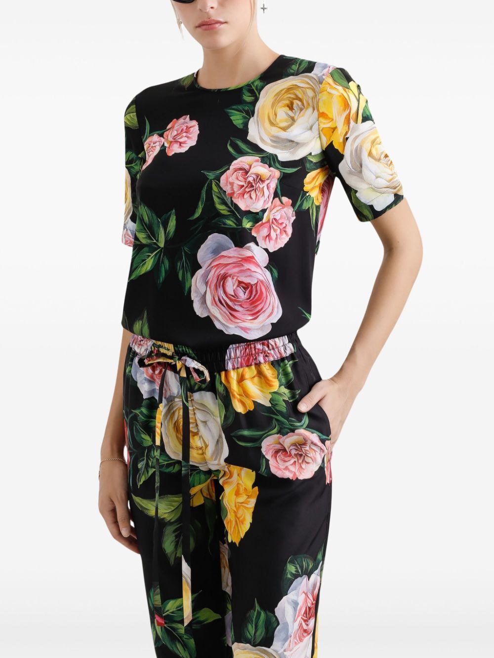 DOLCE & GABBANA Peony and Rose Print Silk Charmeuse Blouse