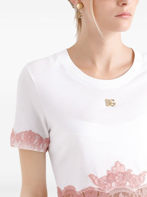 DOLCE & GABBANA Cropped T-Shirt with DG Logo and Lace Inserts