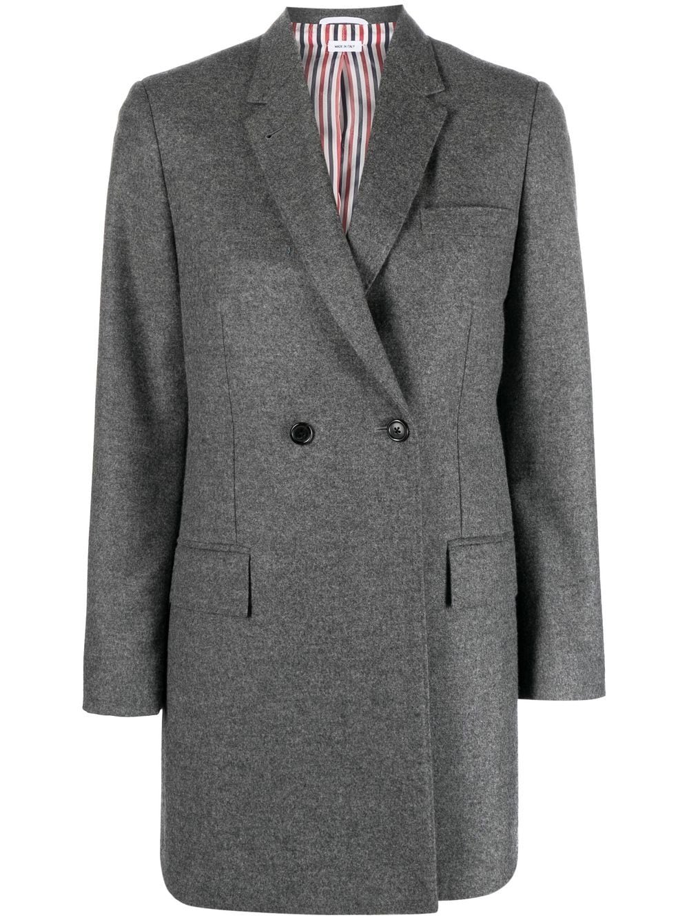 THOM BROWNE Elongated Long Sleeve Double Breasted Sportcoat in Wool Flannel