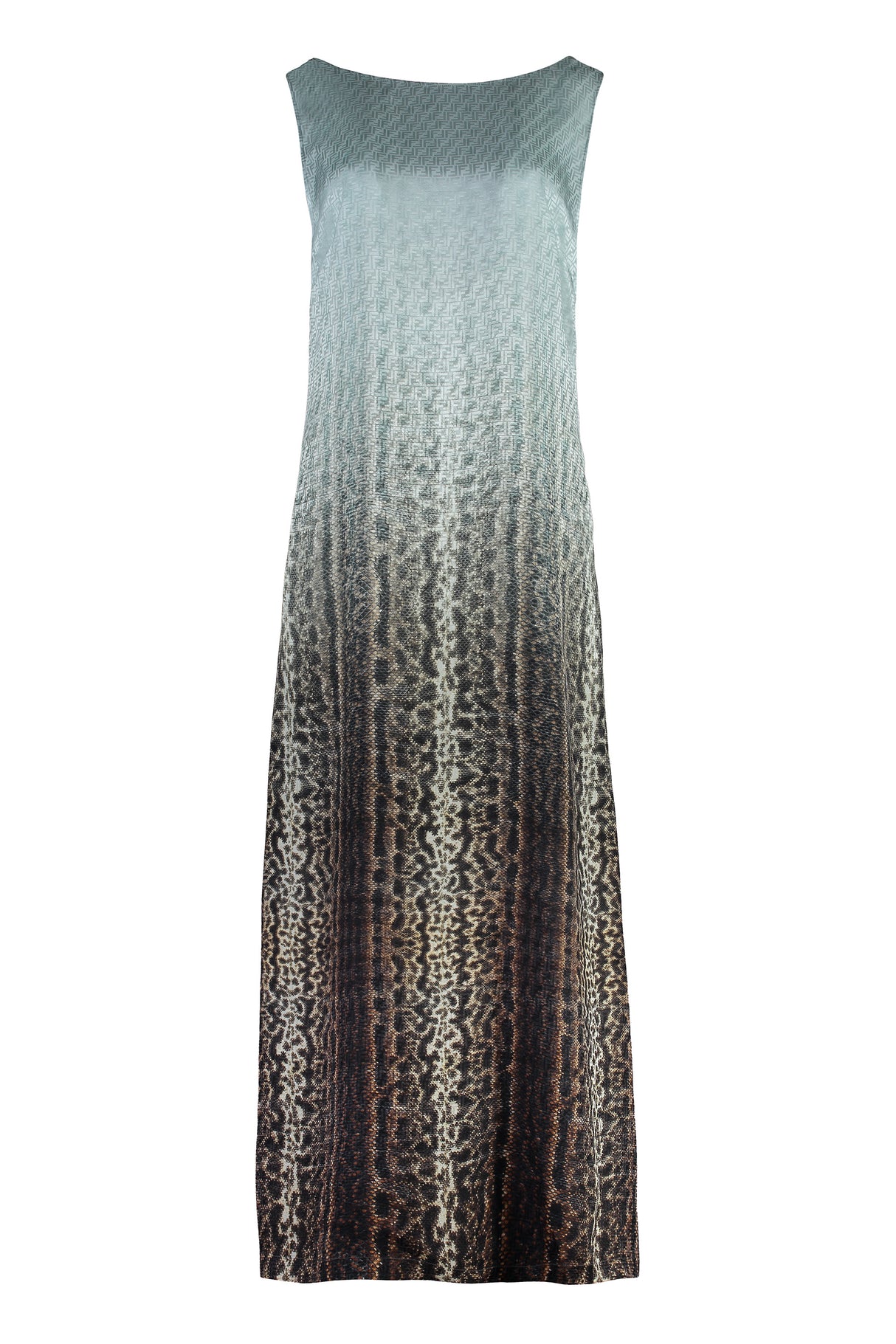 FENDI Printed Silk Dress with Open Back and Chain Detail