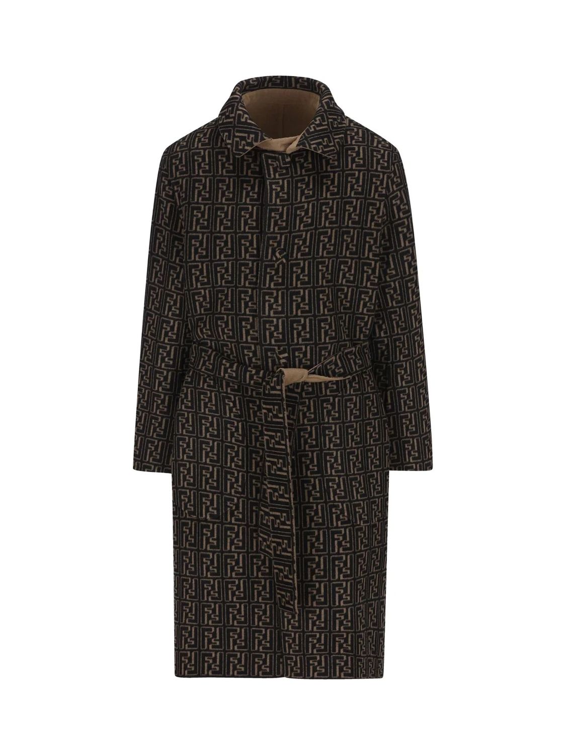 FENDI Men's Double Wool Trench Coat in Castoro and Nero