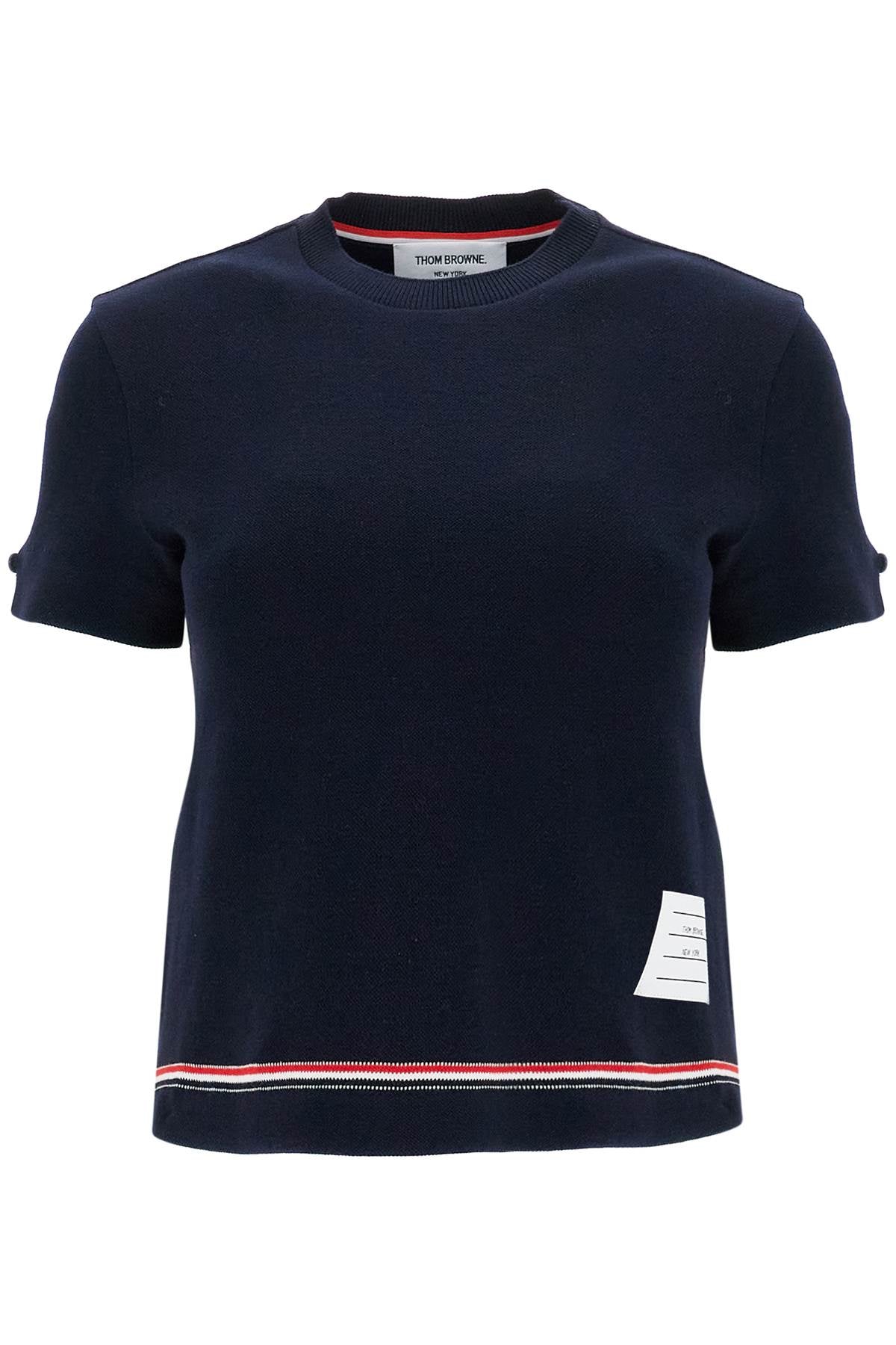 THOM BROWNE Elegant Piqué Cotton T-Shirt with Tricolor Stripe for Women - SS25